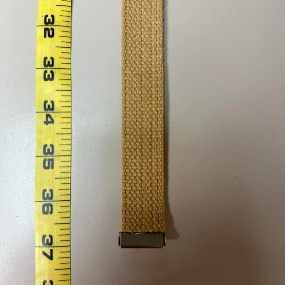 Tan Khaki Canvas Web Belt Silver Flip Top Buckle Military Style Adjustable 37in